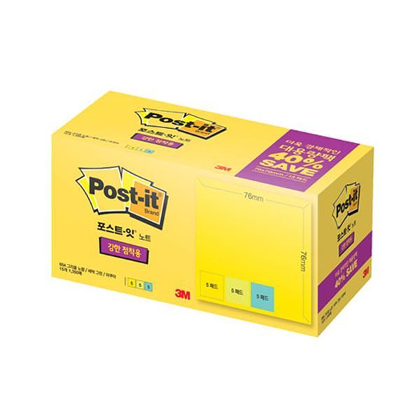 Post-it Super Sticky Nootes Value Pack, 3Colors/15Pads/1350Sheets Total(SSN 654A-15)