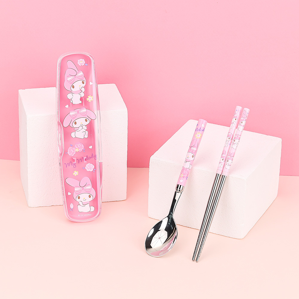 My Melody All In One Light Stainless Steel Spoon, Chopsticks & Clear Case