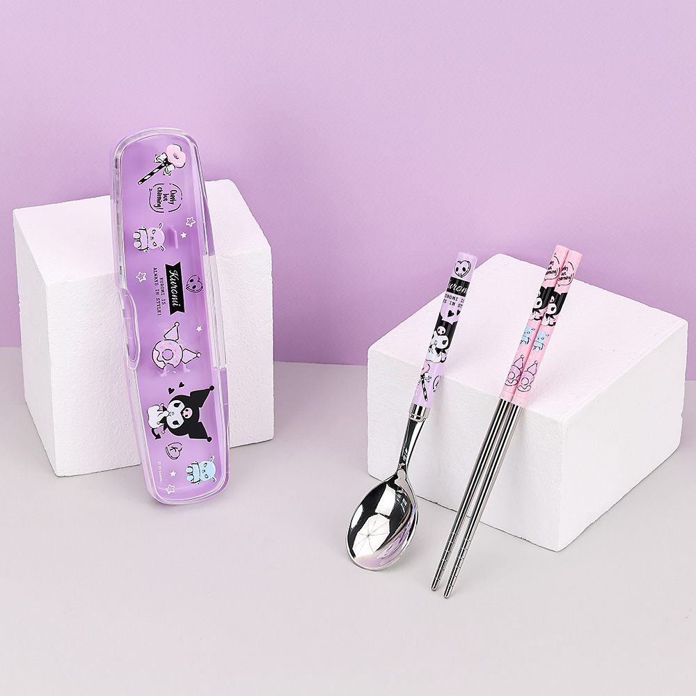 Kuromi All In One Light Stainless Steel Spoon, Chopsticks & Clear Case