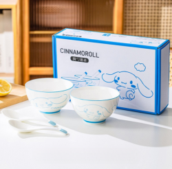 Sanrio Characters Ceramic Rice Bowl, Spoon Set - Cinnamoroll