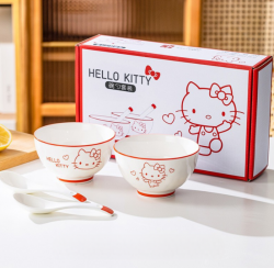 Sanrio Characters Ceramic Rice Bowl, Spoon Set - Hello Kitty