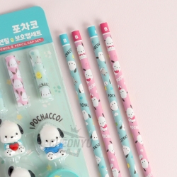 Pochacco Figure Pencil and Pencil Cap and Pencil Sharpener Set