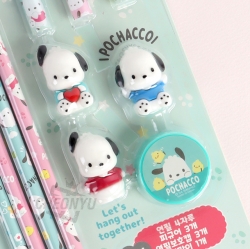 Pochacco Figure Pencil and Pencil Cap and Pencil Sharpener Set